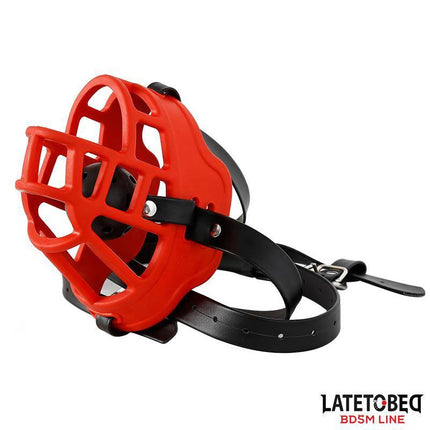 Muzzle with Breathable Gag Ball featuring a red exterior and black jaw, part of the Latetobed BDSM Line for intense, provocative play.