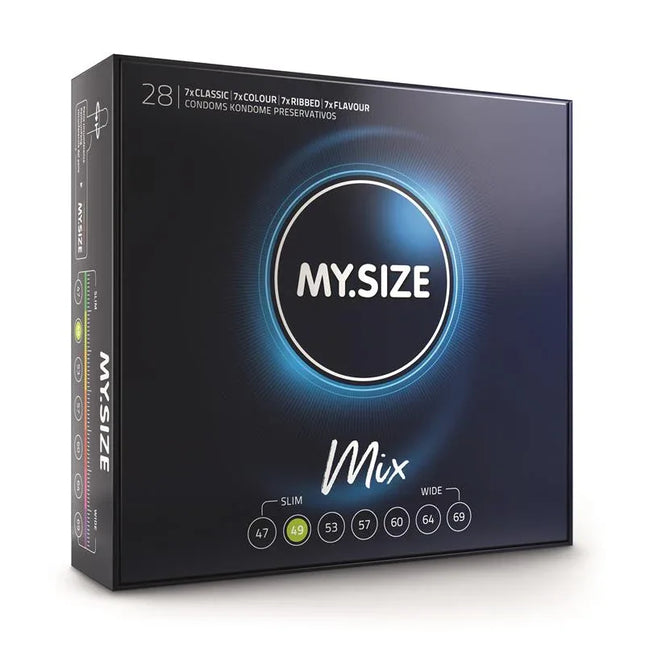 My Size Mix Size 49 Box of 28 Uds condoms with multiple sizes, textures, and flavors for comfort and reliability.
