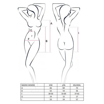 Size guide for Nadin Chemise Red/Black by Avanua, illustrating body measurements for S/M, L/XL, XXL/XXXL sizes.