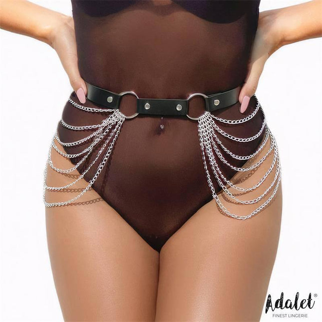 Nadine Vegan Leather Belt Harness Chain One size by Adalet, shown enhancing an outfit with stylish silver chains
