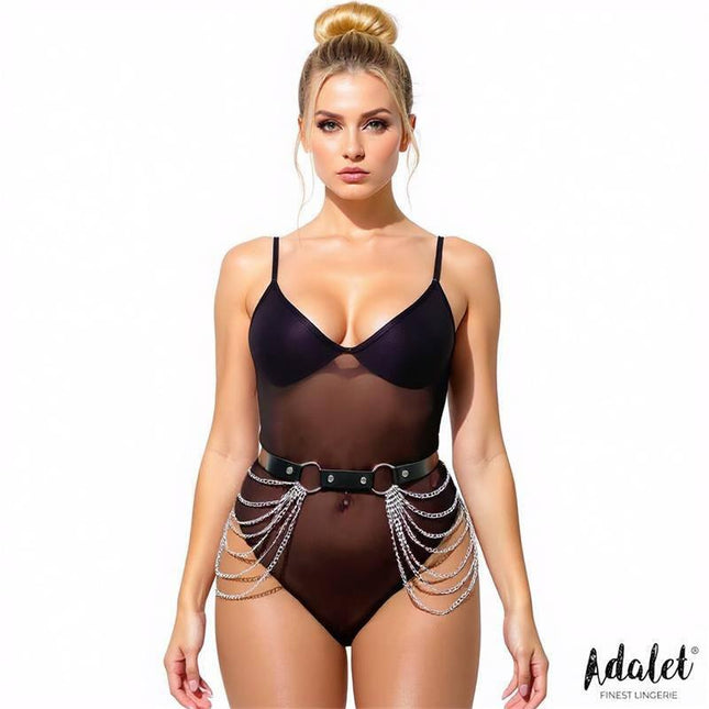 Nadine Vegan Leather Belt Harness Chain One size by Adalet on model, adding edgy style to lingerie look. One size fits most.