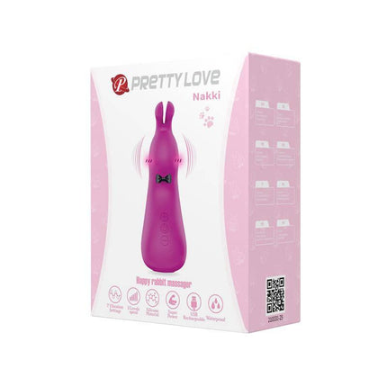 Nakki Massager Silicone USB bunny-shaped vibrator in packaging, featuring 7 vibration functions and 5 speeds for ultimate pleasure.