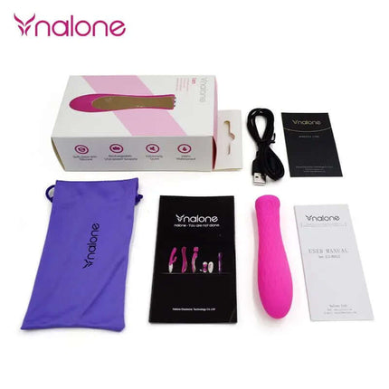 Stimulator Ian Fuchsia massager set with box, USB cable, manual, and storage pouch