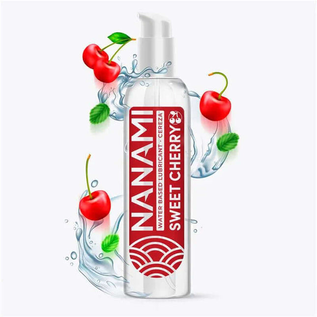 NANAMI Water Based Lubricant Sweet Cherry 150 ml bottle with cherries and water splash design.