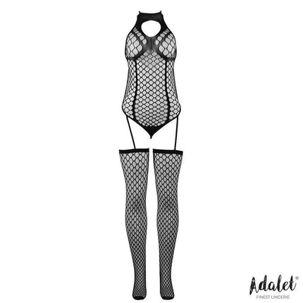 Naomi Bodystocking with Garter featuring wide-mesh design, halter neck, and built-in garters for a sexy and confident look.