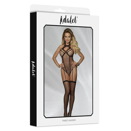 Naomi Bodystocking with Garter by Adalet in package, featuring wide mesh design, built-in garters and halter neck style for women.