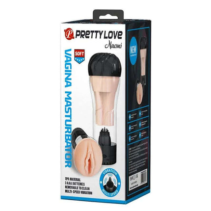 Naomi Masturbator With Vibration in packaging featuring lifelike texture and powerful pulses for realistic adult experience.