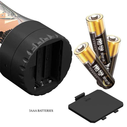 Battery compartment of Naomi Masturbator With Vibration, showing open design for 3 AAA batteries and included batteries.