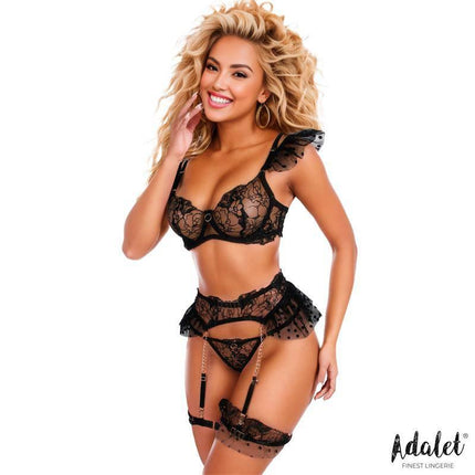 Natalie Set with Garter Belt featuring floral pattern, delicate ruffles, and black dot accents from Adalet Lingerie.