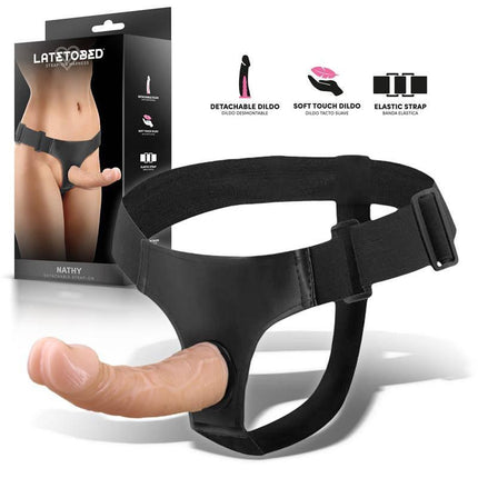 Nathy Detachable Strap-On Harness with realistic veined dildo and adjustable elastic strap, showcased in packaging from Latetobed.