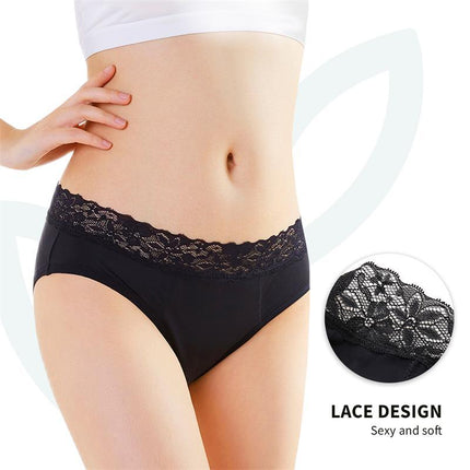 Woman wearing black Natura Menstrual Panty Super with lace design showing maximum absorption and comfort for menstruation.