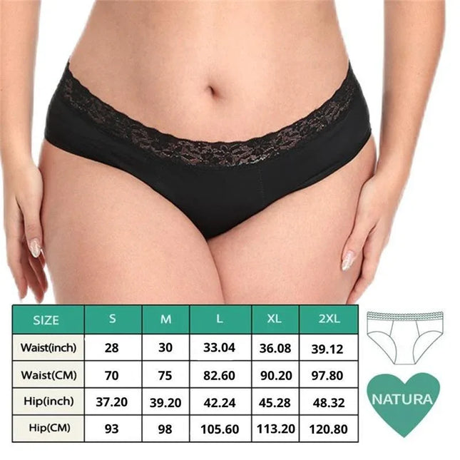Natura Menstrual Panty Super showcasing size chart and lace design for high absorption and comfort