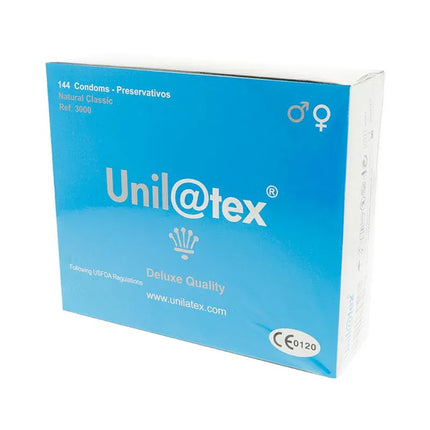 Blue box of Unilatex condoms with text 'Natural Preservatives 144 units' for reliable protection and ISO 4074 certification.