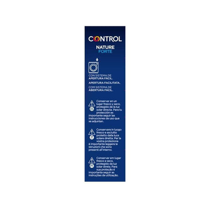 Packaging of Nature Forte 12 Pack Latex Condoms from Control range, highlighting easy-open design in blue and white packaging.