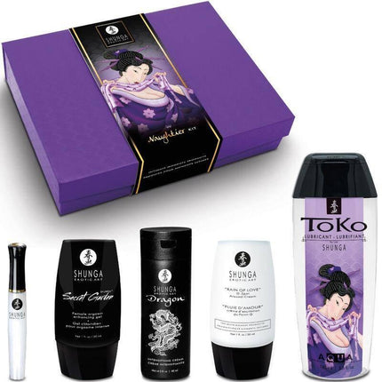 Naughtier Kit with Toko Aqua, Secret Garden gel, Dragon cream, Rain of Love, and Divine Pleasure gloss for couples.