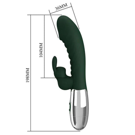 Naughty Bunny Vibe 30 Functions Green dual-motor silicone vibrator with measurements, featuring bulbous head and clitoral stimulator.
