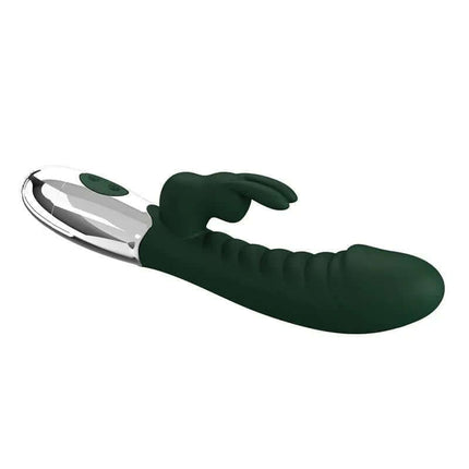 Naughty Bunny Vibe 30 Functions Green, dual-motor silicone vibrator with clitoral stimulator for intense pleasure.