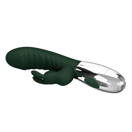 Naughty Bunny Vibe 30 Functions Green dual-motor silicone vibrator with clitoral stimulator in dark green color.
