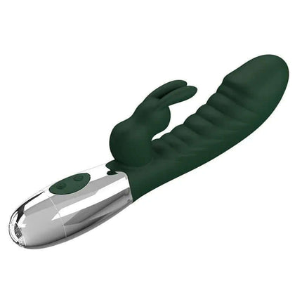 Naughty Bunny Vibe 30 Functions Green dual-motor silicone vibrator with clitoral stimulator and flexible shaft.