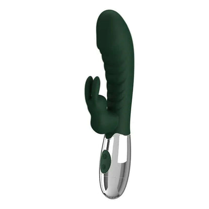 Naughty Bunny Vibe 30 Functions Green dual-motor silicone vibrator with bulbous insertable head and clitoral stimulator.