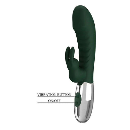 Naughty Bunny Vibe 30 Functions Green, dual-motor silicone vibrator with curved shaft and clitoral stimulator.