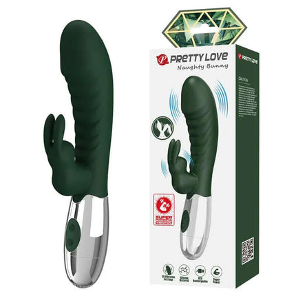 Naughty Bunny Vibe 30 Functions Green silicone vibrator with dual motors and clitoral stimulator, shown in packaging.