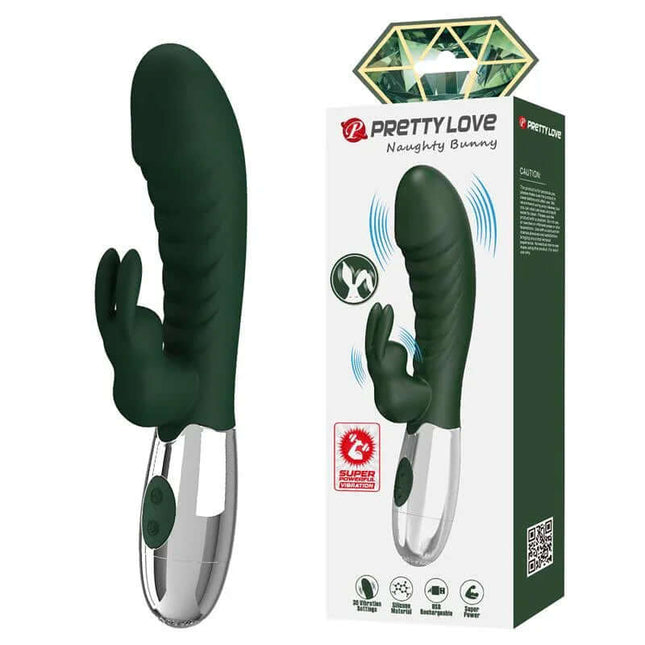 Naughty Bunny Vibe 30 Functions Green silicone vibrator with dual motors and clitoral stimulator, shown in packaging.