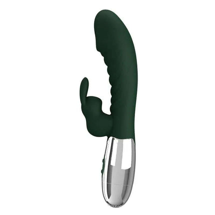 Naughty Bunny Vibe 30 Functions Green dual-motor silicone vibrator with curved shaft and clitoral stimulator.
