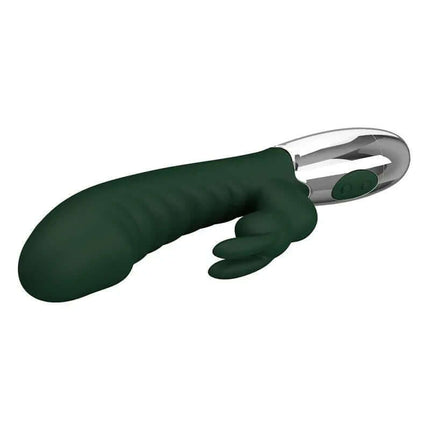 Naughty Bunny Vibe 30 Functions Green dual-motor silicone vibrator with bulbous head and clitoral stimulator for intense pleasure.