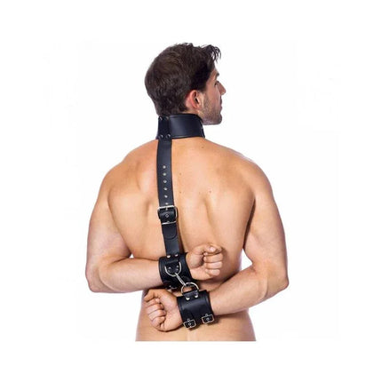 Back view of a man wearing Neck and Hands Ties Leather M-L BDSM restraint set, featuring black leather neck and hand straps.