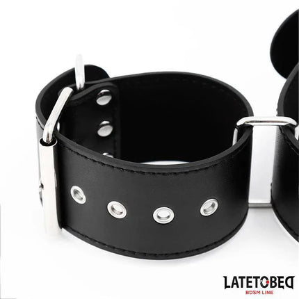 Neck and wrist cuff from Latetobed BDSM line, featuring adjustable collar and removable handcuffs in durable PU and metal.