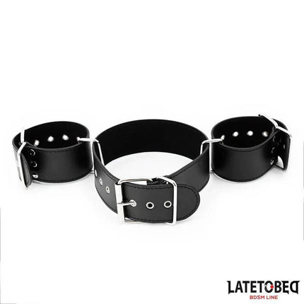 Neck and wrist cuff by Latetobed for BDSM play, featuring adjustable PU leather collar with buckled handcuffs, black color.