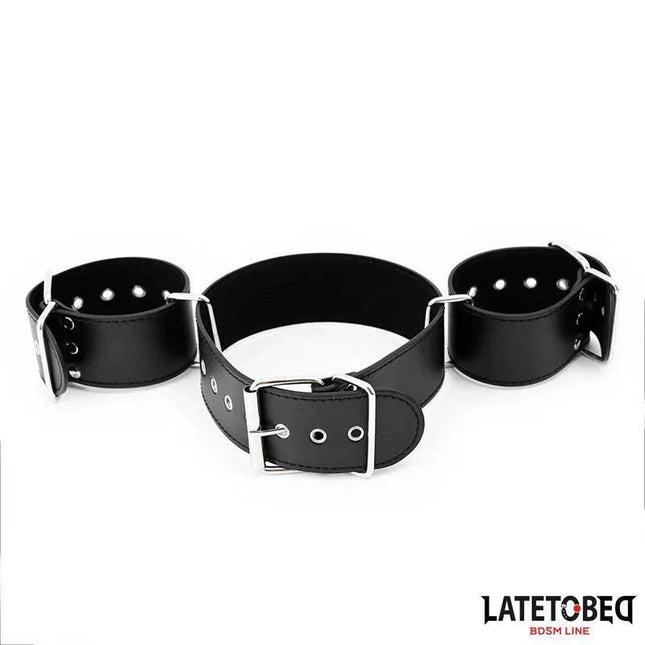 Neck and wrist cuff by Latetobed for BDSM play, featuring adjustable PU leather collar with buckled handcuffs, black color.