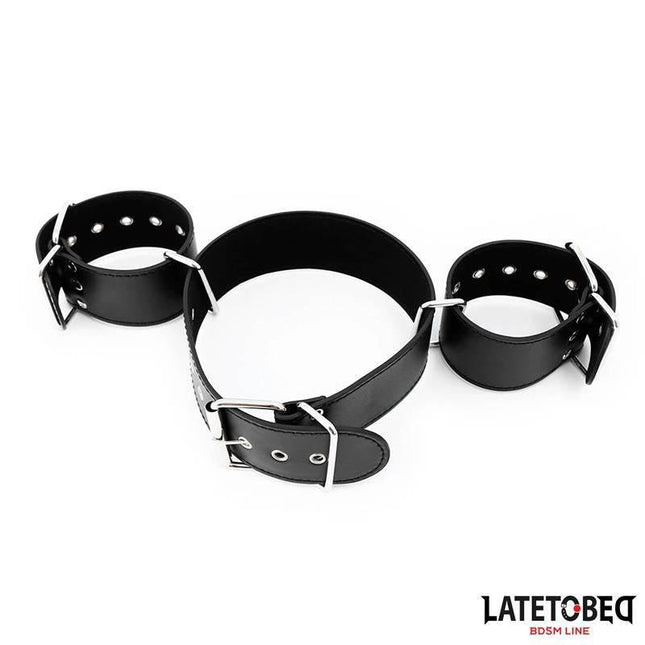 Neck and wrist cuff set from Latetobed with adjustable collar and removable cuffs for BDSM play.