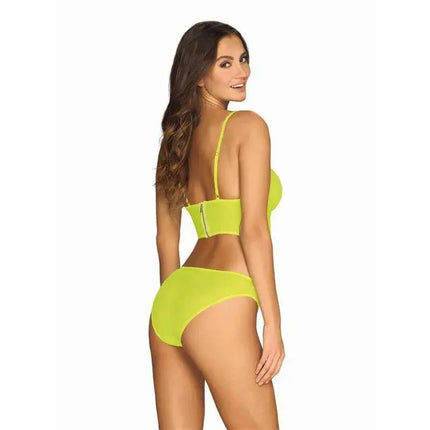 Rear view of model wearing Neonia 2 Piece Bra Set with Zipper Neon Yellow, showing adjustable straps and silver back zipper.