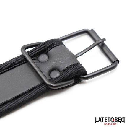 Neoprene Collar Adjustable in black with sturdy metal buckle, designed for comfort and security, adjustable range 32–44 cm.