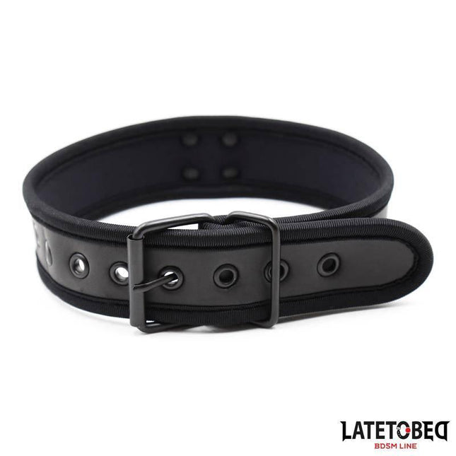 Black neoprene collar with adjustable buckle, lightweight design, soft material, focus keyword: Neoprene Collar Adjustable.