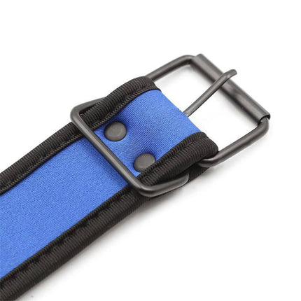 Neoprene Puppy Collar Adjustable Blue with buckle, designed for comfort and security in modern BDSM play.