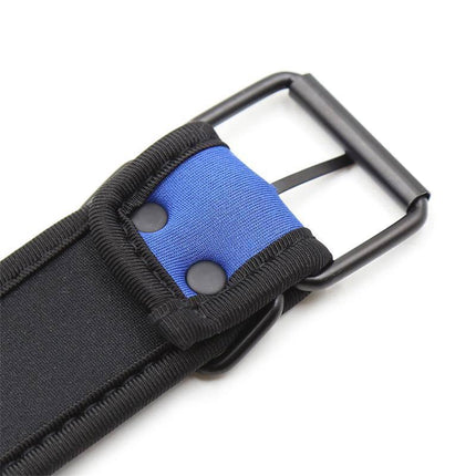 Close-up of Neoprene Puppy Collar Adjustable Blue with black buckle detail