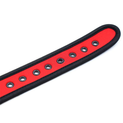 Red Neoprene Puppy Collar Adjustable Red with black trim and multiple holes for adjustability, ideal for BDSM play.
