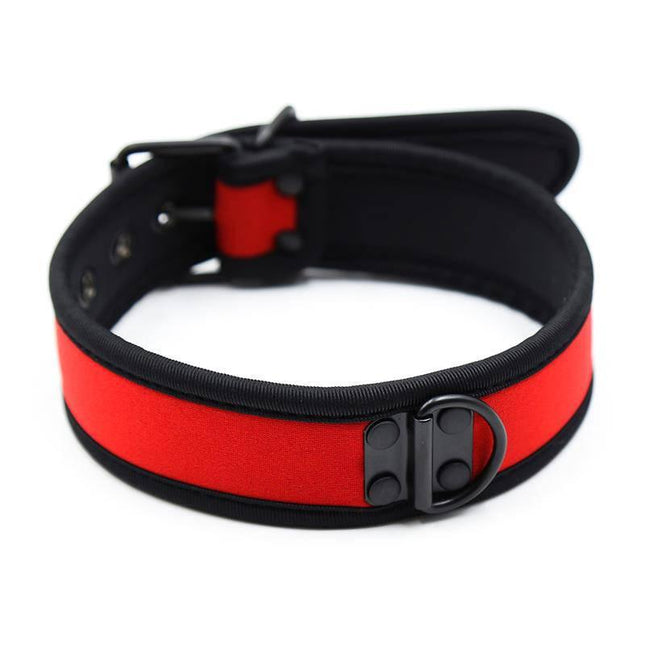 Neoprene Puppy Collar Adjustable Red with sturdy buckle for comfort and durability in BDSM play.