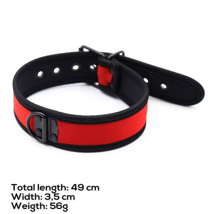 Neoprene Puppy Collar Adjustable Red with buckle, black and red, ideal for comfort and secure fit. Length 49 cm, width 3.5 cm, weight 56g.