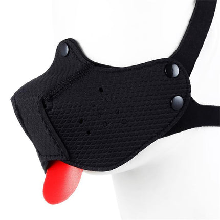 Neoprene Puppy Face Mask Adjustable and Desmontable Black showcasing detachable neoprene parts for comfort and sensory play by A-GUSTO.