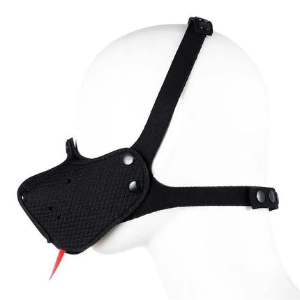 Neoprene Puppy Face Mask Adjustable and Desmontable Black shown on a mannequin, featuring soft neoprene and detachable parts.