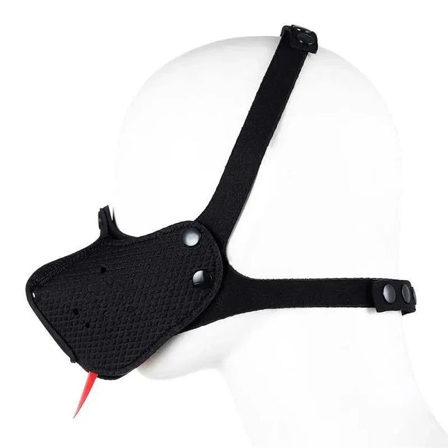Neoprene Puppy Face Mask Adjustable and Desmontable Black shown on a mannequin, featuring soft neoprene and detachable parts.