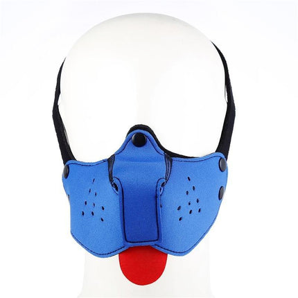 Neoprene Puppy Face Mask Blue by A-GUSTO with fluffy material and detachable parts, featuring adjustable straps for comfort and fit.