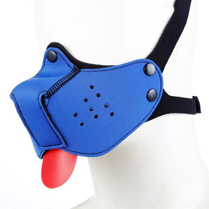 Neoprene Puppy Face Mask Blue by A-GUSTO with adjustable straps and detachable tongue for playful experiences.