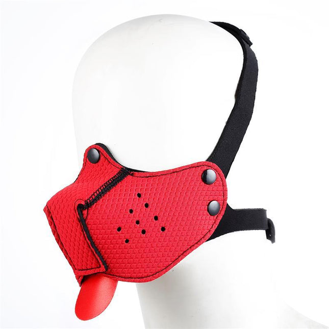 Neoprene Puppy Face Mask Red with tongue element and adjustable fit for comfort and playfulness by A-GUSTO.