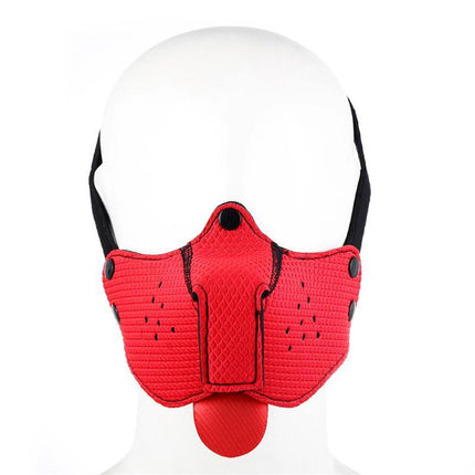 Neoprene Puppy Face Mask Red by A-GUSTO, featuring playful design with tongue element, soft neoprene material, and adjustable fit.
