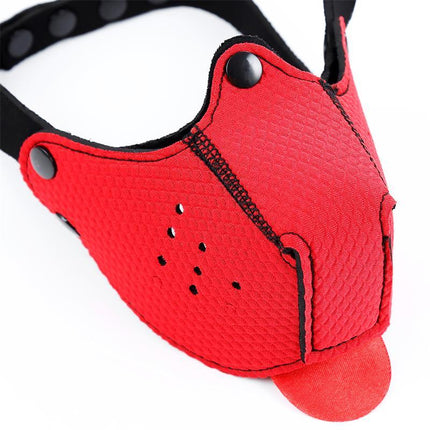 Red Neoprene Puppy Face Mask with tongue and detachable parts, offering comfort and playful flair by A-GUSTO.